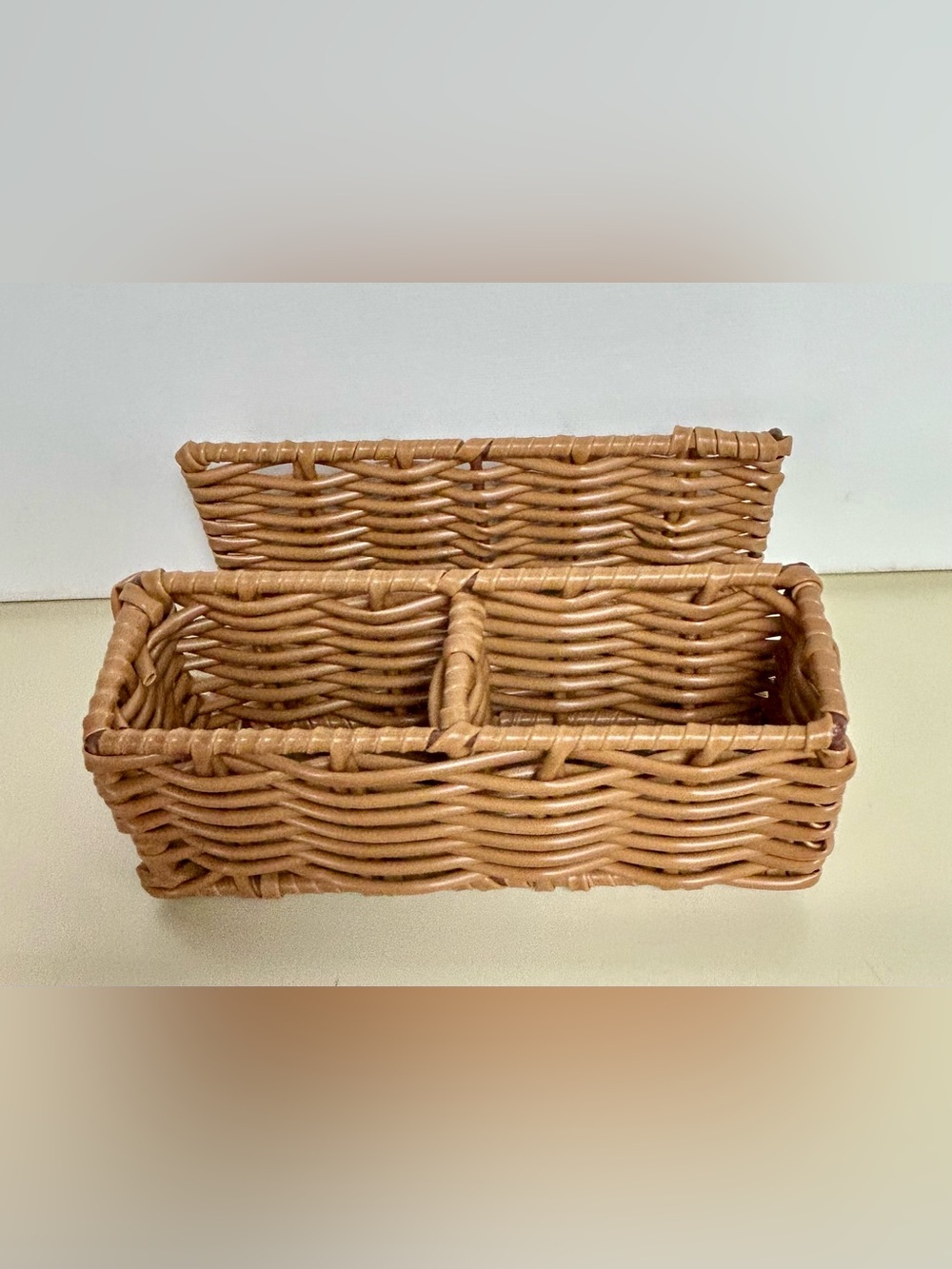 Woven Rattan Double Compartment Organizer - Natural Tan